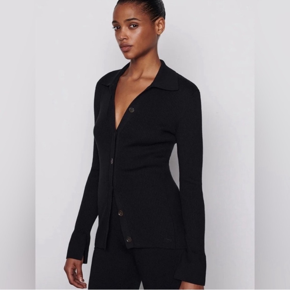 Frame Slim Ribbed Button Front Collared Cardigan Black Noir Sweater - Picture 2 of 10